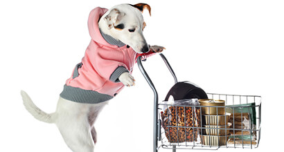 A dog is pushing a shopping cart with canned-pet food