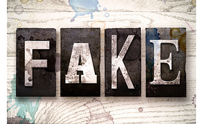 The word Fake written on top of a wooden table